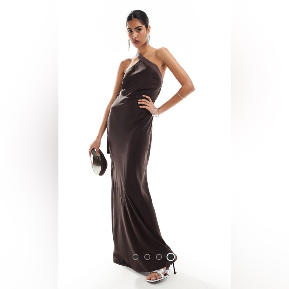 ASOS One-Shoulder Asymmetrical Satin Gown in Dark Brown